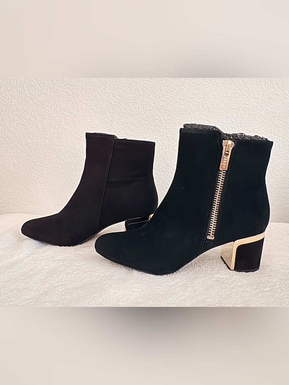 DKNY Crosbi Black Suede Ankle Booties Gold Trim NWB Sz 8